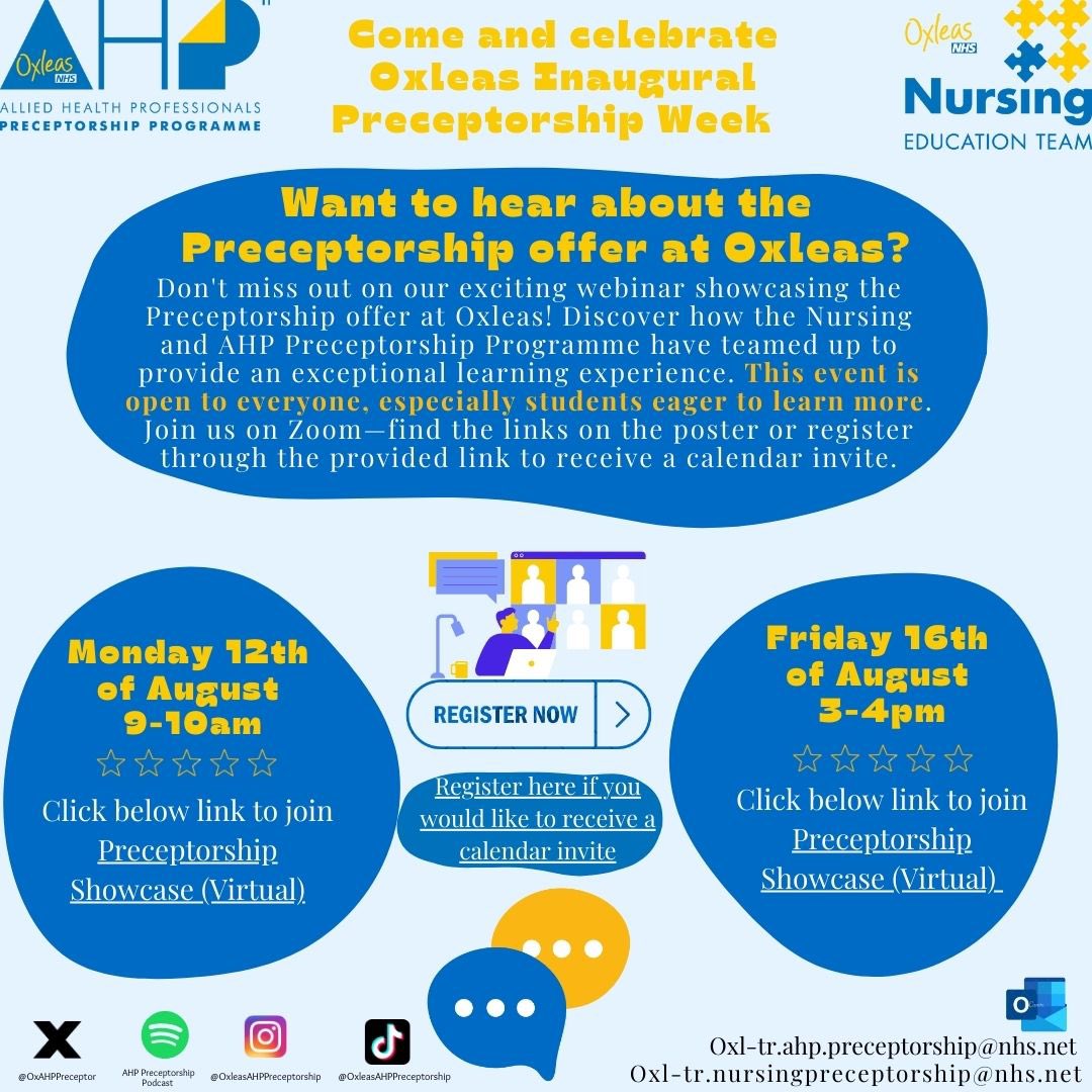 We are hosting 2x external webinars to showcase the preceptorship offer at Oxleas- how we have collaborated with nursing colleagues &amp; both implemented a digital element to our programmes 🌟

Anyone is welcome to join - register here forms.office.com/e/9rtJWAizsT