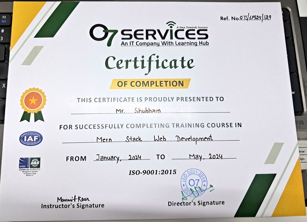 ShubhamGupta628's tweet image. Completed MERN course from @o7services2015 
It was a marvelous time with o7 services and staff is very humble and friendly.
Thank you once again @o7services2015