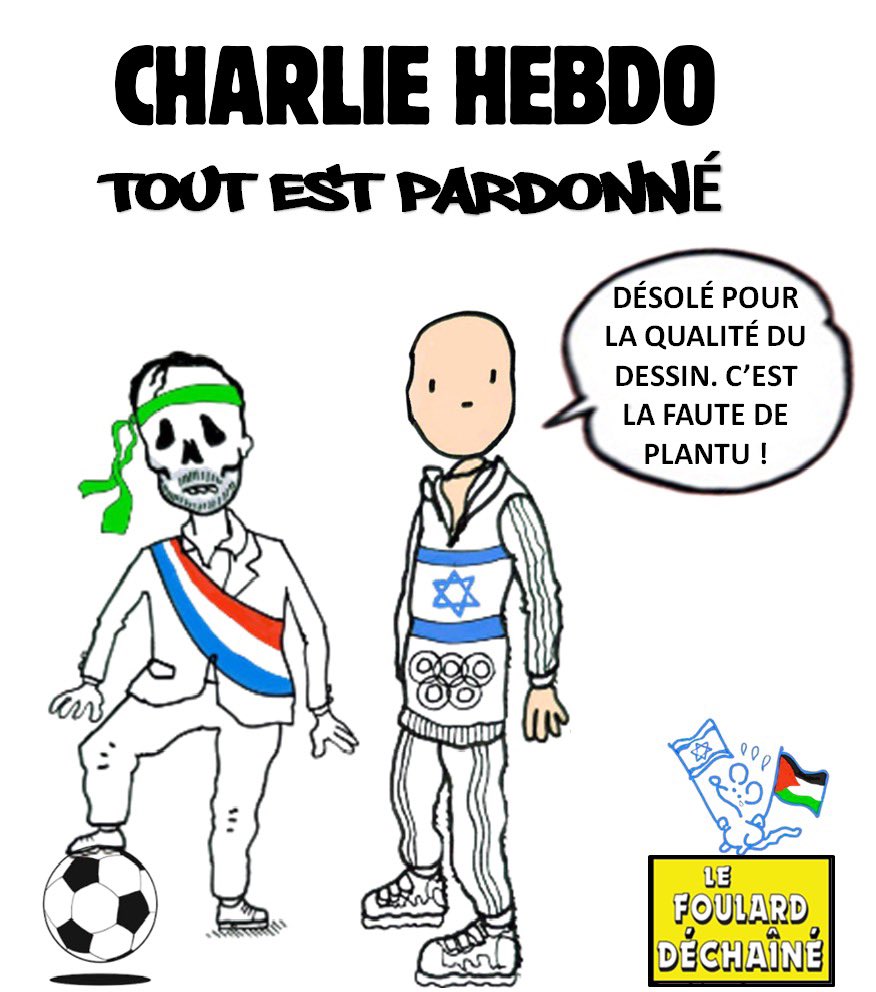 F_dechaine's tweet photo. ✏️ CARICATURE 
#Plantu, dans un dessin qui a enflammé X, a diffusé une caricature du député #ThomasPortes, presque squelettique, bandeau vert du Hamas sur le front, le pied posé sur la tête d’un athlète israélien décapité.

Depuis sa diffusion, le caricaturiste de #charlieHebdo est devenu la cible de nombreuses critiques. À commencer par la piètre qualité de son dessin.

Bon, on recolle les bouts et tout est pardonné.