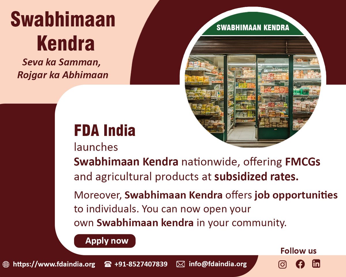 FdaIndia2024's tweet photo. 🌱Swabhimaan Kendra: Seva ka Samman, Rojgar ka Abhimaan 🌿
Introduced statewide by FDA India, Swabhimaan Kendra offers agricultural items and daily requirements at discounted prices.
#fdaindia #SwabhimaanKendra #JobOpportunities #wednesdaymotivations #FinancialFreedom https://t.co/sRWBkTcMuJ
