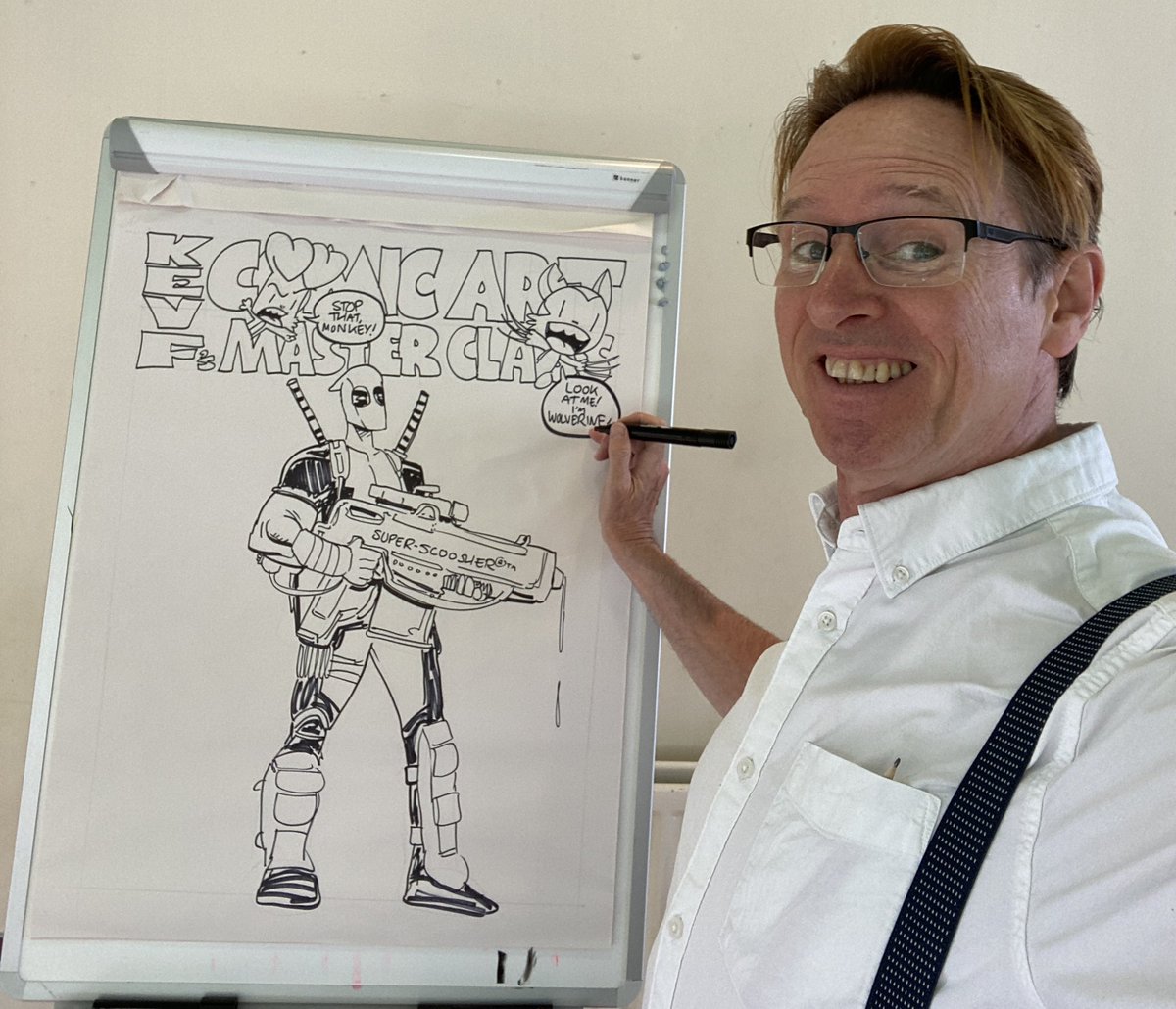 KevFComicArtist's tweet photo. Todays flipchart is trying to make Deadpool and Wolverine suitable for seven year olds, ahead of my comic art masterclasses in Enniskillen https://t.co/Nr6EWM94kQ