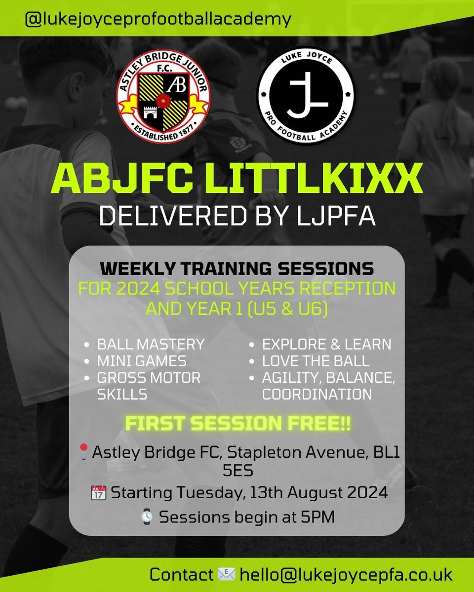OfficialBBDFL's tweet photo. Astley Bridge JFC Little Kixx delivered by Luke Joyce Pro Football Academy

Weekly sessions starting Tuesday 13th August at Stapleton Avenue BL1 5ES

Please contact hello@lukejoycepfa.co.uk for more information https://t.co/aoLDcVbczQ