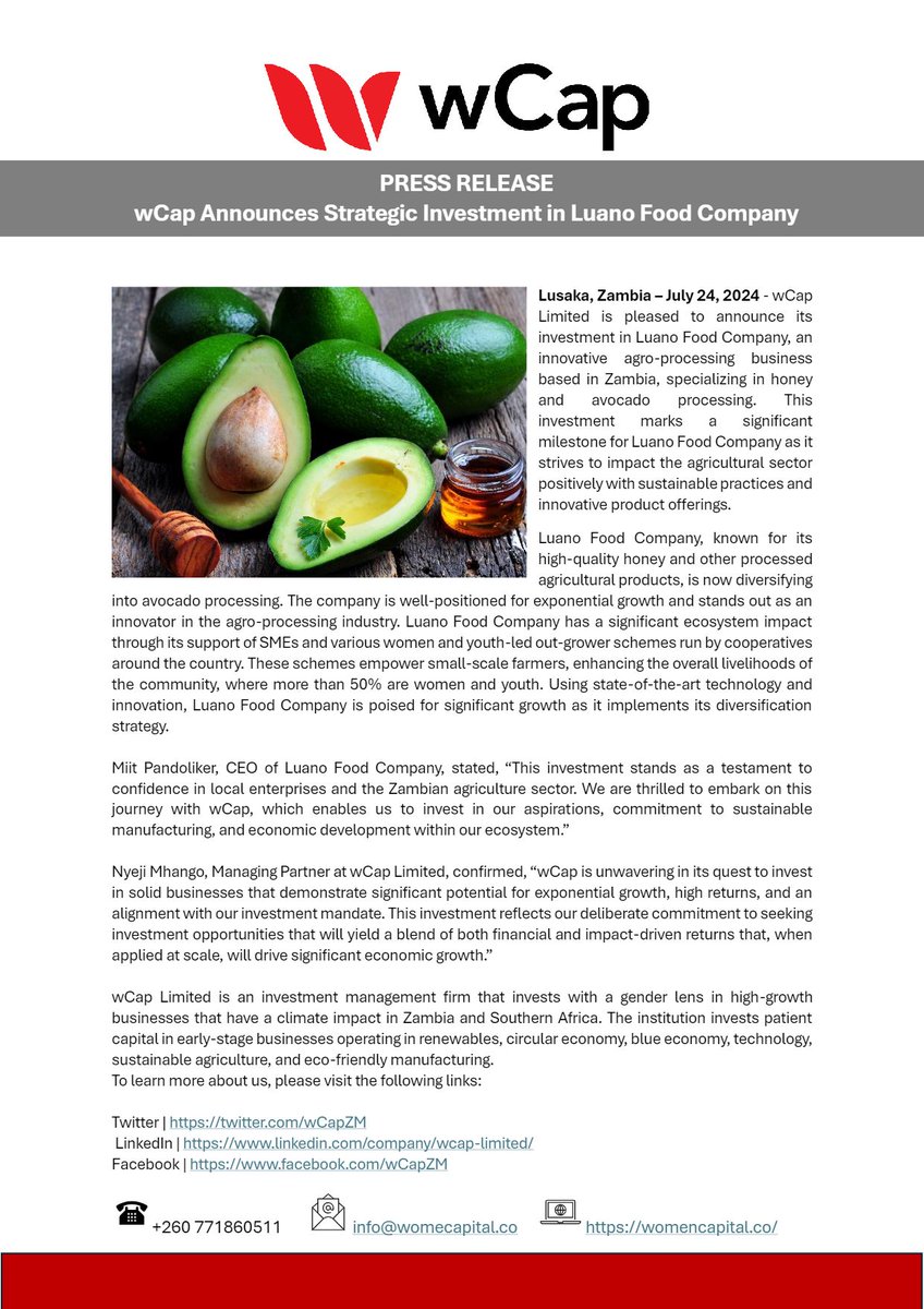 wCap Limited (@wcapzm) on Twitter photo We are thrilled to announce our investment in Luano Food Company, a fast growing agro-processing business in Zambia. Read more below.
#earlystageinvesting 
#investmentmanagement 
#wCap 
#LuanoFoods
#climateimpact We are thrilled to announce our investment in Luano Food Company, a fast growing agro-processing business in Zambia. Read more below.
#earlystageinvesting 
#investmentmanagement 
#wCap 
#LuanoFoods
#climateimpact