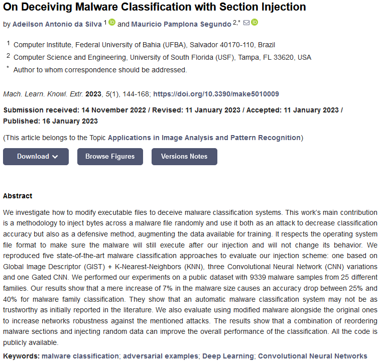 MAKE_MDPI's tweet image. 📚 Check out the Top 10 Papers from 🇺🇸 USA authors in MAKE (2022-2023):
mdpi.com/journal/make/a…

No. 10 &quot;On Deceiving #MalwareClassification with Section Injection&quot;

By Adeilson Antonio da Silva and Maurício Pamplona Segundo

👉 mdpi.com/2504-4990/5/1/9