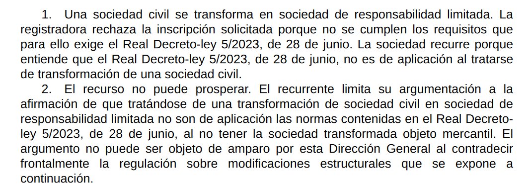 Publica el BOE de hoy tres Resoluciones sobre sociedades civiles que se transforman en SRL -aunque dos son casi gemelas, las de Lugo de 11-7-2024-
Esto dice una de ellas