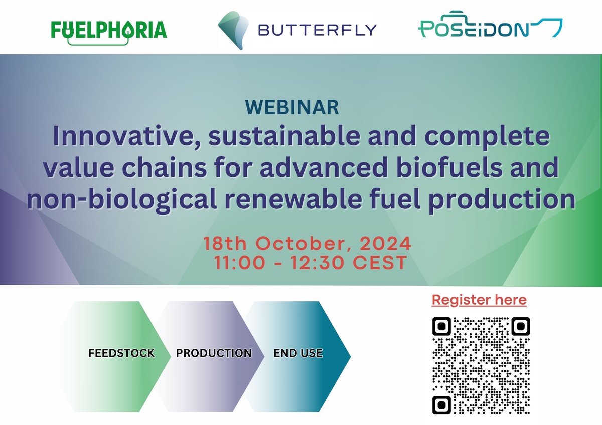 Greenovate! Europe (@greenovateeu) on Twitter photo 📌Curious about sustainable value chains for advanced #biofuels and non-biological renewable fuel production?
✅Register now for the webinar organised by <a href="/fuelphoria/">FUELPHORIA</a>, BUTTERFLY Project and POSEIDON Project: fuelphoria.eu/event/innovati…
📍Friday 18 October | 11:00-12:30 CEST | Online 📌Curious about sustainable value chains for advanced #biofuels and non-biological renewable fuel production?
✅Register now for the webinar organised by <a href="/fuelphoria/">FUELPHORIA</a>, BUTTERFLY Project and POSEIDON Project: fuelphoria.eu/event/innovati…
📍Friday 18 October | 11:00-12:30 CEST | Online
