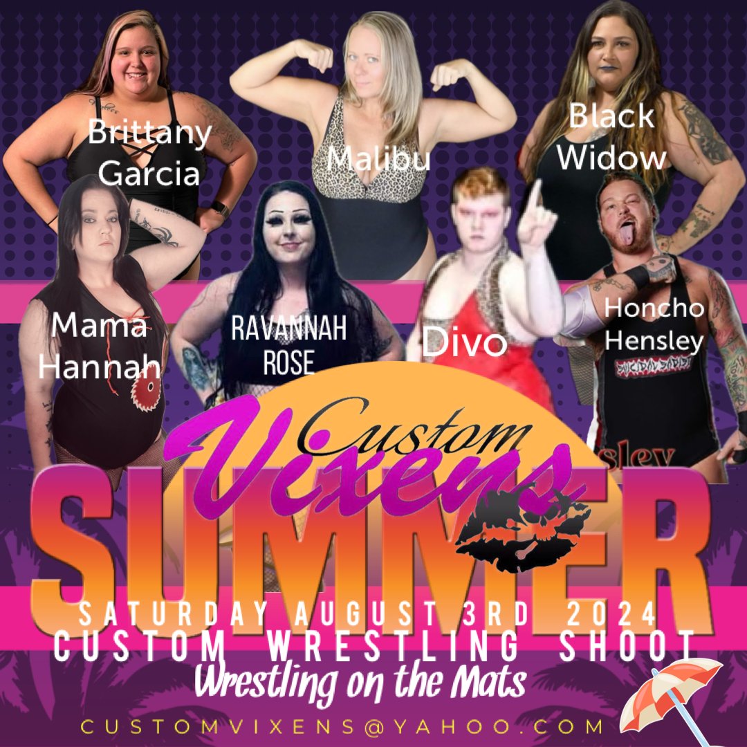ClubRasslin's tweet photo. Custom Vixens is Heating Up the Mats this August 3rd with a Summer Custom Wrestling Shoot.
Email Customvixens@yahoo.com for inquires
#CustomWrestling #CustomMatch
#WomensWrestling #MixedWrestling
@custom_vixens https://t.co/4jz9ZoMCIq