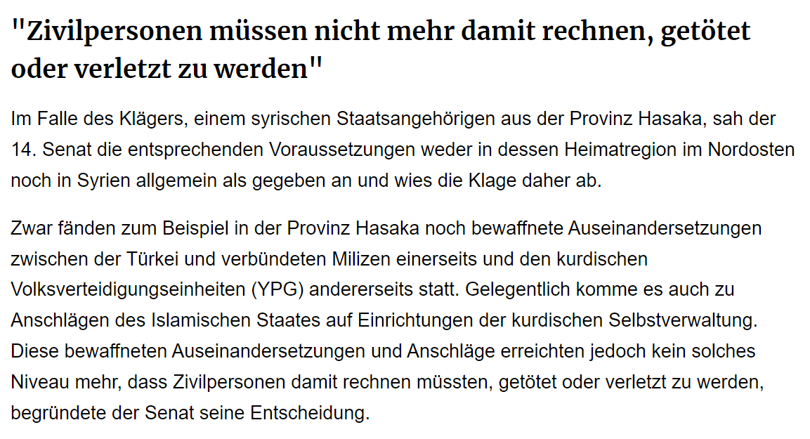 Das OVG NRW entschied, dass in Syrien keine Gefahr mehr für Leib und Leben besteht. Woher nimmt es diese Expertise? Warum darf es so etwas überhaupt einschätzen? Ab welchem Szenario ist das Risiko "groß genug"? Bitte um Verweise: <a href="/lto_de/">Legal Tribune Online (LTO)</a>, <a href="/Verfassungsblog/">Verfassungsblog</a>  lto.de/recht/nachrich…