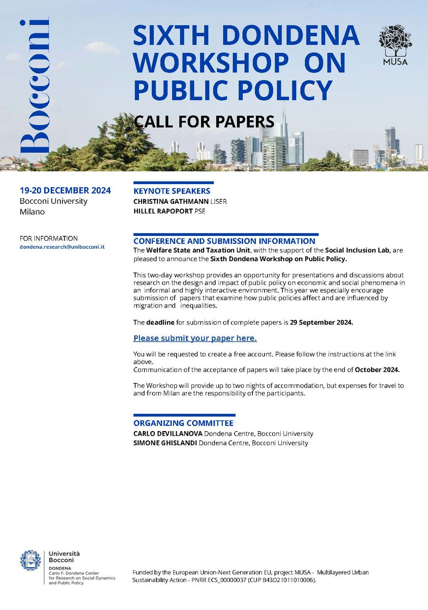 Alessandra Casarico (@alecasarico) on Twitter photo ❗️📢The CfP of the Dondena workshop <a href="/DondenaCentre/">Dondena Centre</a> + #SILab is out. Send your papers and come to Milan in December! Super keynote speakers <a href="/GathmannCh/">Christina Gathmann</a> and Hillel Rapoport <a href="/PSEinfo/">Paris School of Economics</a> & nice environment #MUSA
Deadline 29/9. Submit here bocconi.eu.qualtrics.com/jfe/form/SV_3I… ❗️📢The CfP of the Dondena workshop <a href="/DondenaCentre/">Dondena Centre</a> + #SILab is out. Send your papers and come to Milan in December! Super keynote speakers <a href="/GathmannCh/">Christina Gathmann</a> and Hillel Rapoport <a href="/PSEinfo/">Paris School of Economics</a> & nice environment #MUSA
Deadline 29/9. Submit here bocconi.eu.qualtrics.com/jfe/form/SV_3I…