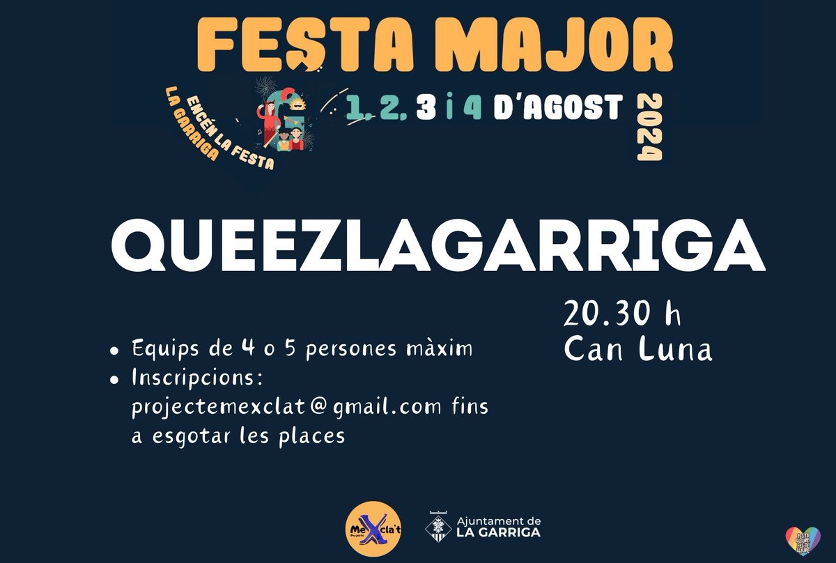 Ajuntament de la Garriga 🎗️ (@ajlagarriga) on Twitter photo 😜Posa't a prova al trivial per equips més divertit
❓Comença a repassar l'actualitat i escolta molta música, perquè al Queez de #laGarriga de <a href="/ProjecteMexclat/">Projecte Mexclat</a> a la #FestaMajorLG , et pots trobar amb qualsevol pregunta!
▶️Inscripcions: projectemexclat@gmail.com 😜Posa't a prova al trivial per equips més divertit
❓Comença a repassar l'actualitat i escolta molta música, perquè al Queez de #laGarriga de <a href="/ProjecteMexclat/">Projecte Mexclat</a> a la #FestaMajorLG , et pots trobar amb qualsevol pregunta!
▶️Inscripcions: projectemexclat@gmail.com