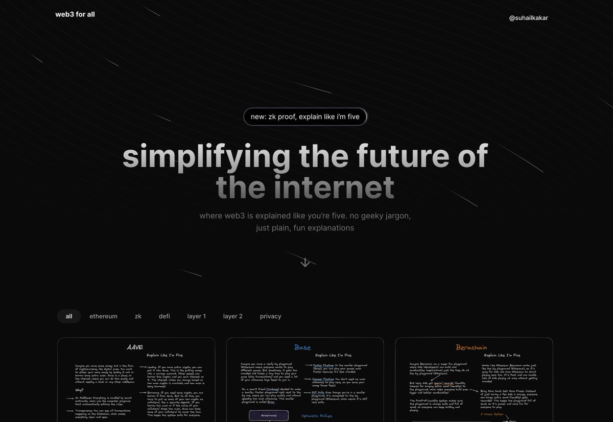 SuhailKakar's tweet image. introducing web3forall.xyz - where web3 is explained like you’re five.

as of today, 22 projects and technologies like ethereum, zksync, layerzero, eigenlayer, base, aave, chainlink and a lot more is added

every day a new project will be added and it is open source!
