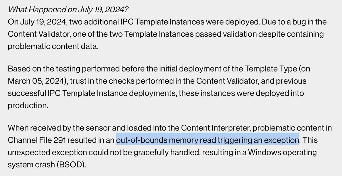 Update from <a href="/CrowdStrike/">CrowdStrike</a> provides details on content of the problematic Channel Files pointing to a problematic "IPC Template Instance" 

Also confirms our analysis that crash was due to OOB memory read of invalid memory (not a NULL pointer deref. as some erroneously claimed) 👀