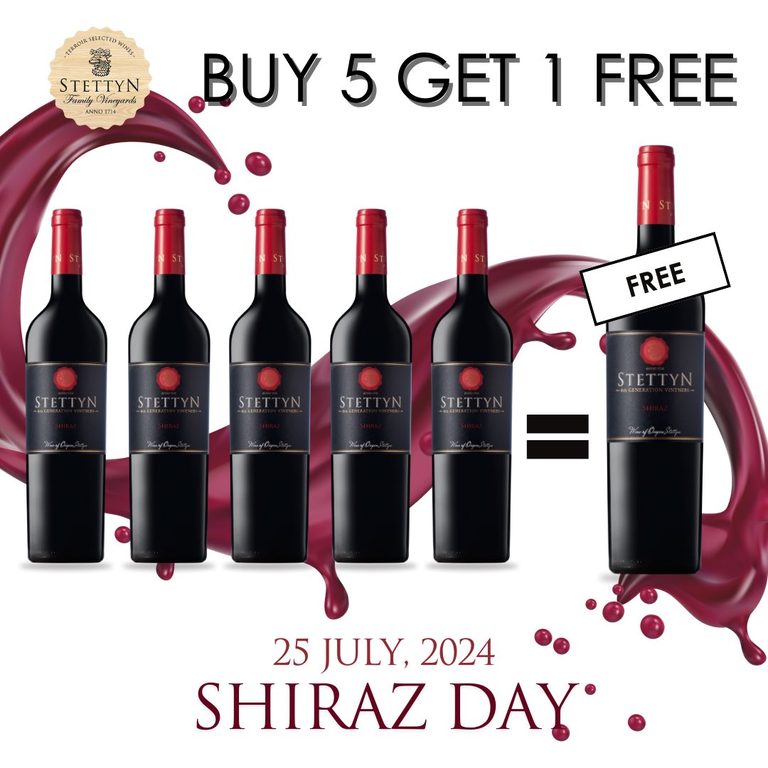 🍷🍷 Celebrate Shiraz Day  (25 July 2024) with us! 🍷🍷
 
Buy 5 bottles of our exceptional Shiraz and get 1 FREE from 24-31 July. 
 
Don't miss out on this limited-time offer. 
 
Shop Now: stettyncellar.co.za/shop/shiraz-20…
 
 #ShirazDay #WineLovers #SpecialOffer #StettynFamilyVineyards