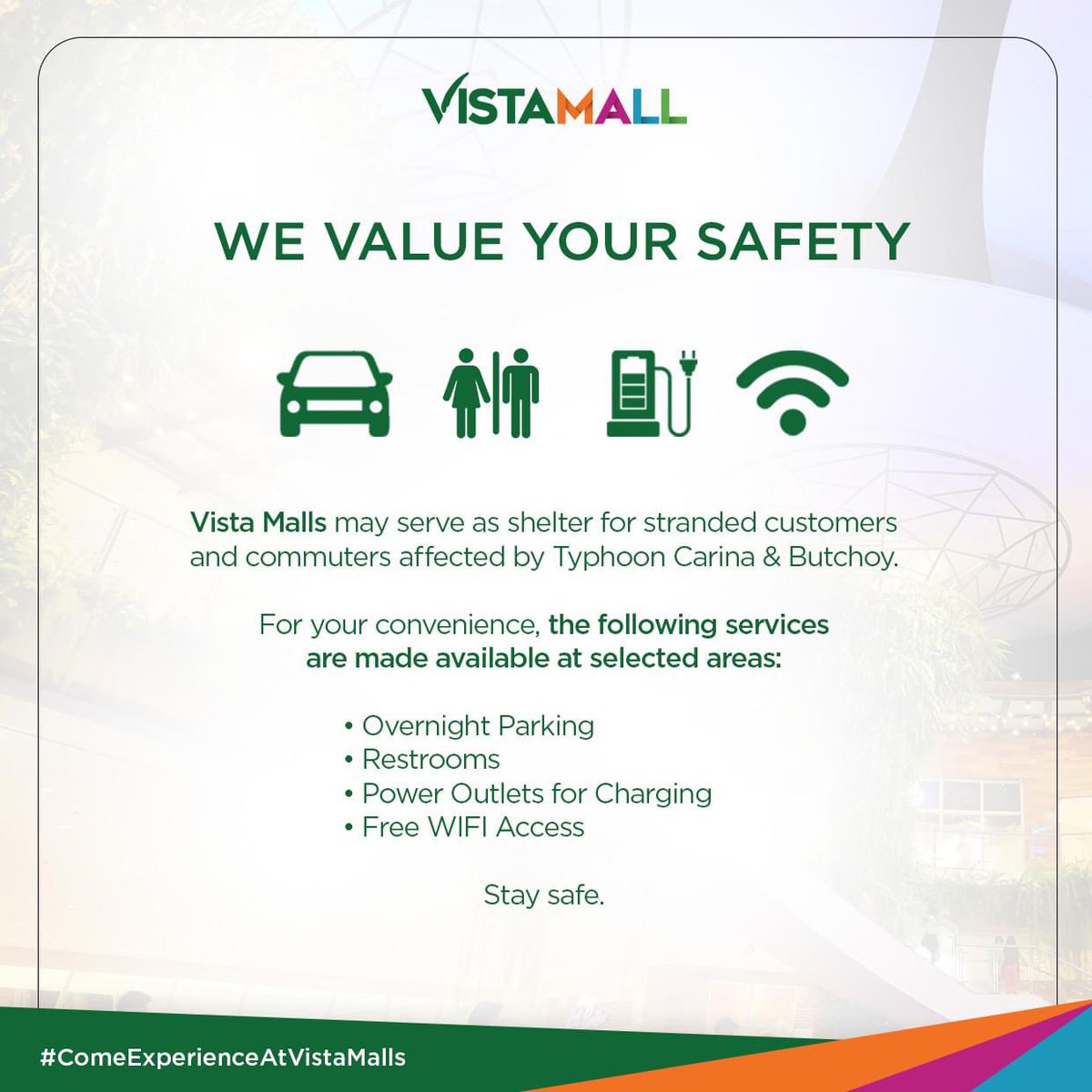 binissante's tweet photo. For stranded travelers, and for those seeking shelter, here are malls that are open for temporary refuge. Also, check https://t.co/xcTbLh8Rzs for real-time hazards in your area. #CarinaPH https://t.co/MawBKVd0T7