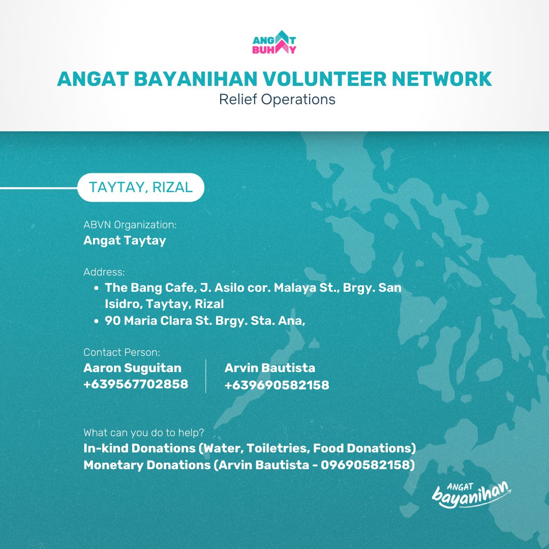 📍TAYTAY, RIZAL  

If you are in the area and would like to help, Angat Taytay, part of our Angat Bayanihan Volunteer Network, is mobilizing to conduct relief operations.

#CarinaPH
