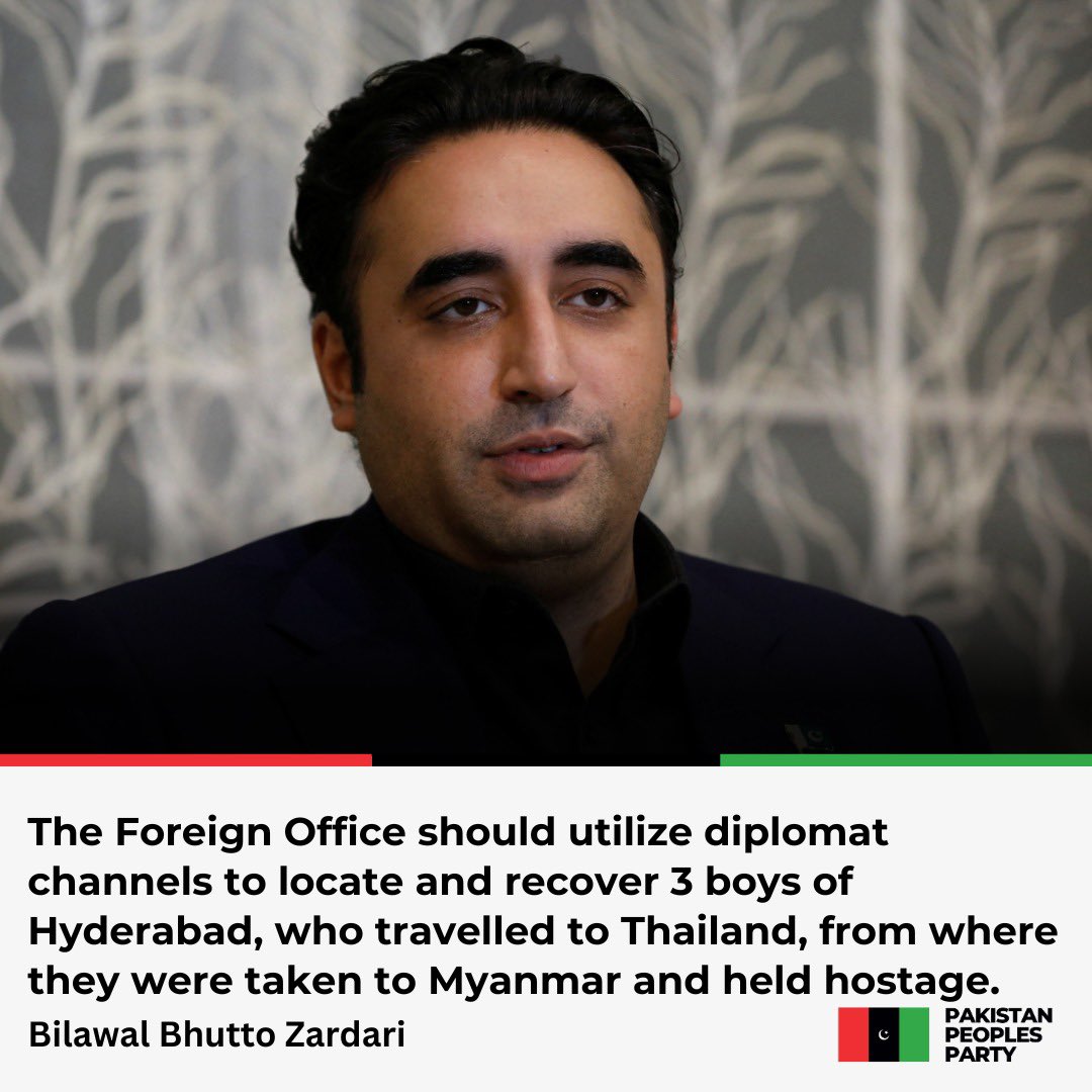 Chairman Pakistan People's Party <a href="/BBhuttoZardari/">Bilawal Bhutto Zardari</a> takes notice of the kidnapping of three Pakistanis in Myanmar and urges the authorities to take measures for their recovery and repatriation.

Read More: ppp.org.pk/pr/32212/