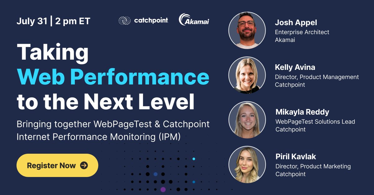 EnginPiril's tweet image. 🚀 Join us on July 31 for an exclusive webinar on enhancing web performance with @Catchpoint  &amp;amp; @WebPageTest! 
🕑 2 pm ET 
Special guest: Josh Appel from @Akamai will share insights on delivering exceptional digital experiences. Don&apos;t miss it! 🌐
👉pages.catchpoint.com/2024-07-31-tak…