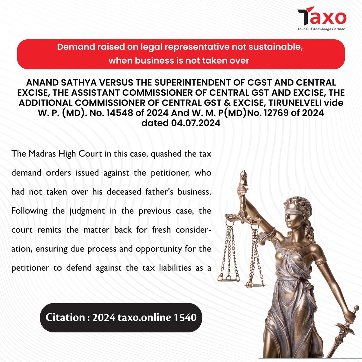 Taxo0nline's tweet image. DEMAND RAISED ON LEGAL REPRESENTATIVE NOT SUSTAINABLE, WHEN BUSINESS IS NOT TAKEN OVER       

Citation: 2024 taxo.online 1540

Read Now: 
taxo.online/blogs/demand-r…

#gst #dailyblogs #taxo #followus #knowmore