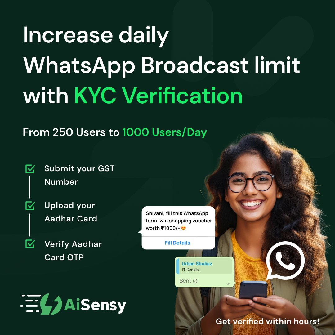 Just 3 simple steps to Unlock a higher WhatsApp broadcasting limit without Facebook business manager verification. 

Introducing WhatsApp KYC Verification to AiSensy. 

Upgrade your Broadcast limit today

#aisensy #aisensyforwhatsapp #broadcast