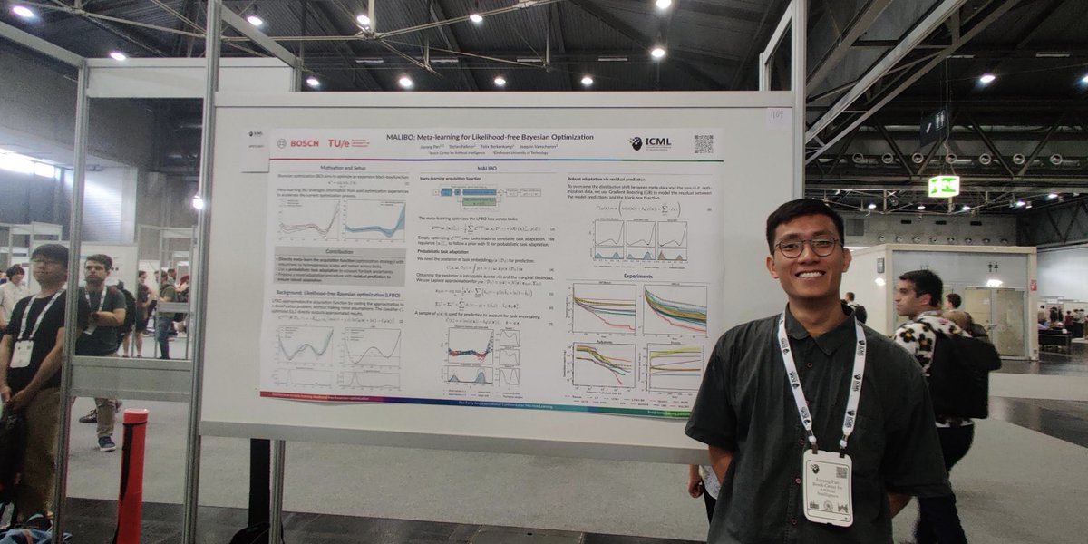 Data and AI cluster @ TU/e (@data_ai_tue) on Twitter photo Jiarong is currently presenting his (spotlight! 🎉) work called MALIBO at #ICML2024, with co-authors Stefan Falkner, Felix Berkenkamp, and <a href="/joavanschoren/">Joaquin Vanschoren</a>.
🥳Our group members are presenting 13 papers at ICML, see dai.win.tue.nl/newsitems/28/ Jiarong is currently presenting his (spotlight! 🎉) work called MALIBO at #ICML2024, with co-authors Stefan Falkner, Felix Berkenkamp, and <a href="/joavanschoren/">Joaquin Vanschoren</a>.
🥳Our group members are presenting 13 papers at ICML, see dai.win.tue.nl/newsitems/28/