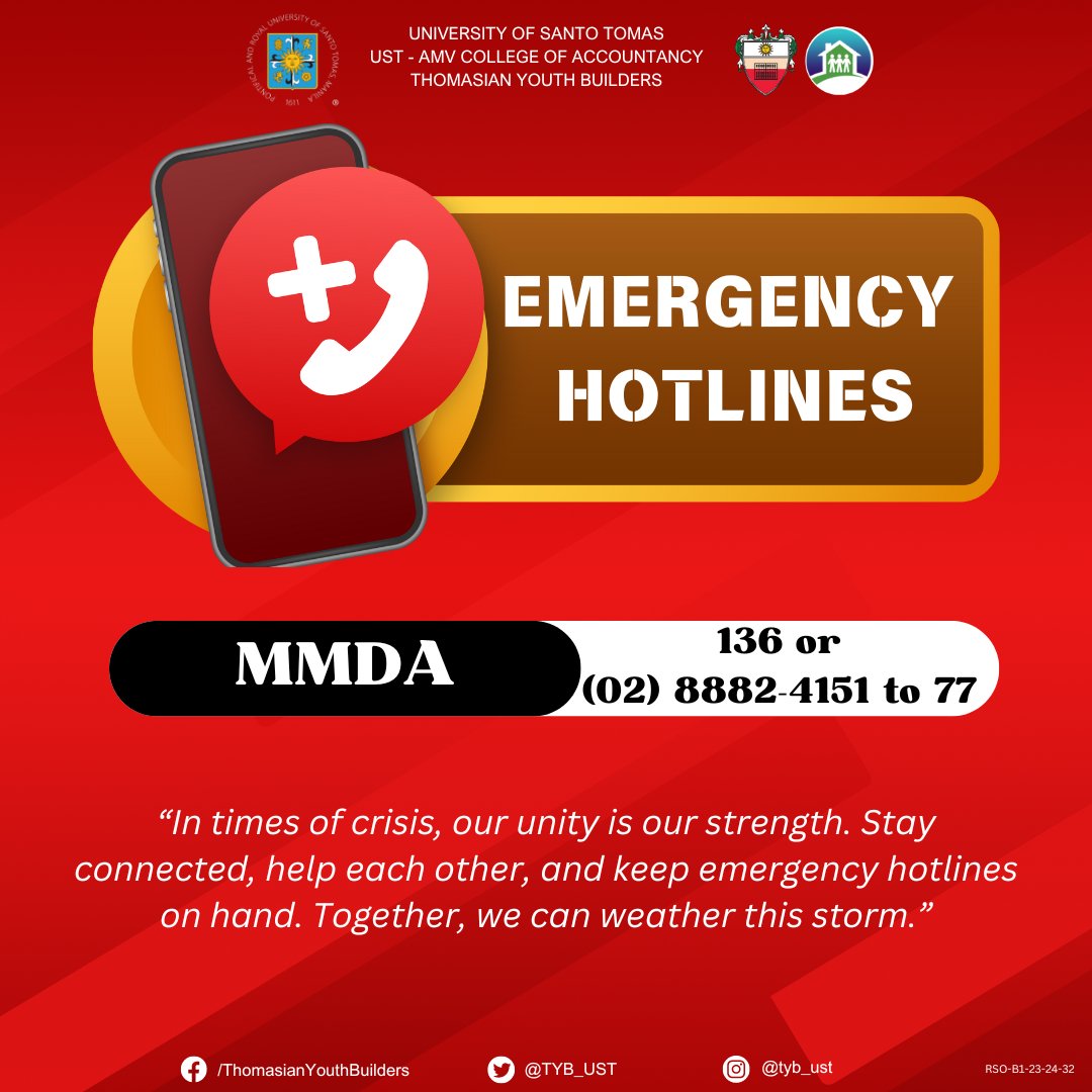 TYB_UST's tweet photo. If you experience any emergencies or require assistance, don't hesitate to call the hotlines for help. Stay safe, TYBUILDERS. With Super Typhoon Carina and Habagat, we are praying for everyone’s safety. https://t.co/3hMLvKG1di