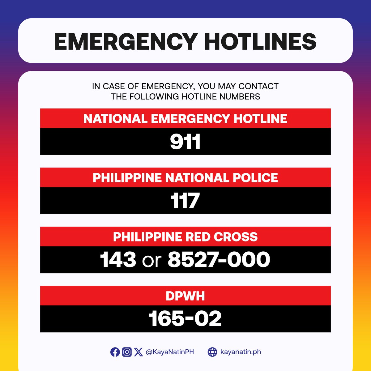 uriwonwoorld's tweet photo. ㅤ

[ EVENT NOTICE ] 

Due to the current severe weather conditions caused by the Typhoon Carina, we will be rescheduling our event from July 27 to August 03, 2024. This is to ensure the attendees' safety when attending our event. 

EMERGENCY HOTLINES below:
via @KayaNatinPH

ㅤ https://t.co/FvGpMEFkxx