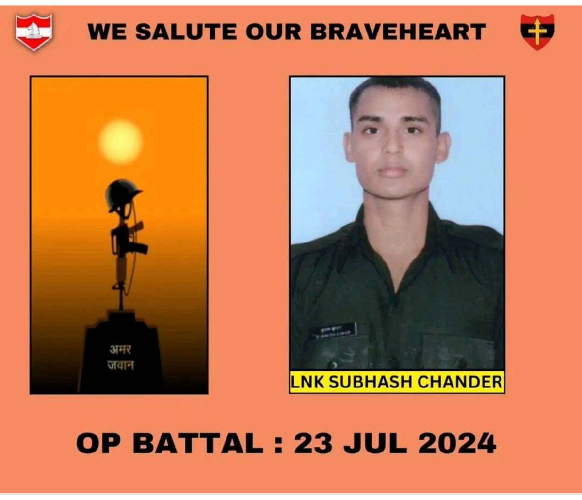 We salute pay tributes to our brave heart L/Nk Subash Chander who gave his supreme sacrifice in Bhattal area of Rajouri yesterday fighting with with Militants.
 We Alsopray to almighty to give strength to family to bear the irreparableloss &amp; Sadgati to departed soul.
#NationFirst