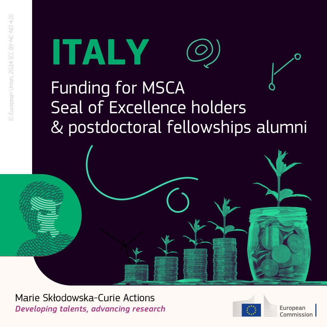 Marie Skłodowska-Curie Actions (@mscactions) on Twitter photo Italy is boosting young researchers' careers!✨🚀
The 🇮🇹 <a href="/mur_gov_/">Ministero dell'Università e della Ricerca</a> will fund 250 former #MSCA postdoctoral fellows or Seal of Excellence holders with €67.5M.
📅 Deadlines:
• Postdoc: 1/10
• Seal of Excellence holders: 19/12
🔗Apply now! ➡️ europa.eu/!rMM8py Italy is boosting young researchers' careers!✨🚀
The 🇮🇹 <a href="/mur_gov_/">Ministero dell'Università e della Ricerca</a> will fund 250 former #MSCA postdoctoral fellows or Seal of Excellence holders with €67.5M.
📅 Deadlines:
• Postdoc: 1/10
• Seal of Excellence holders: 19/12
🔗Apply now! ➡️ europa.eu/!rMM8py