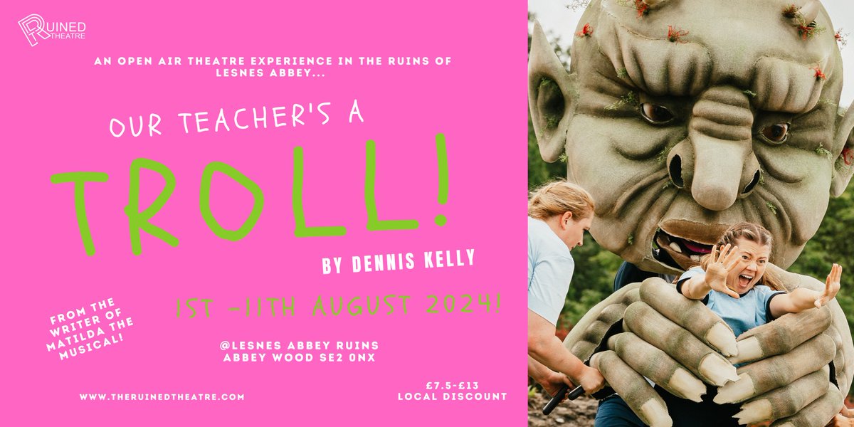 Ruined Theatre (@ruined_theatre) on Twitter photo There's a troll coming to Abbey Wood... have you got your tickets!?
Join us for some hilarious family friendly outdoor theatre these school holidays!
OUR TEACHER'S A TROLL
1st - 11th August
Tickets: eventbrite.co.uk/e/890858079497/
<a href="/lesnes_abbey/">Lesnes Abbey Woods</a> <a href="/LBofBexley/">London Borough of Bexley</a> There's a troll coming to Abbey Wood... have you got your tickets!?
Join us for some hilarious family friendly outdoor theatre these school holidays!
OUR TEACHER'S A TROLL
1st - 11th August
Tickets: eventbrite.co.uk/e/890858079497/
<a href="/lesnes_abbey/">Lesnes Abbey Woods</a> <a href="/LBofBexley/">London Borough of Bexley</a>