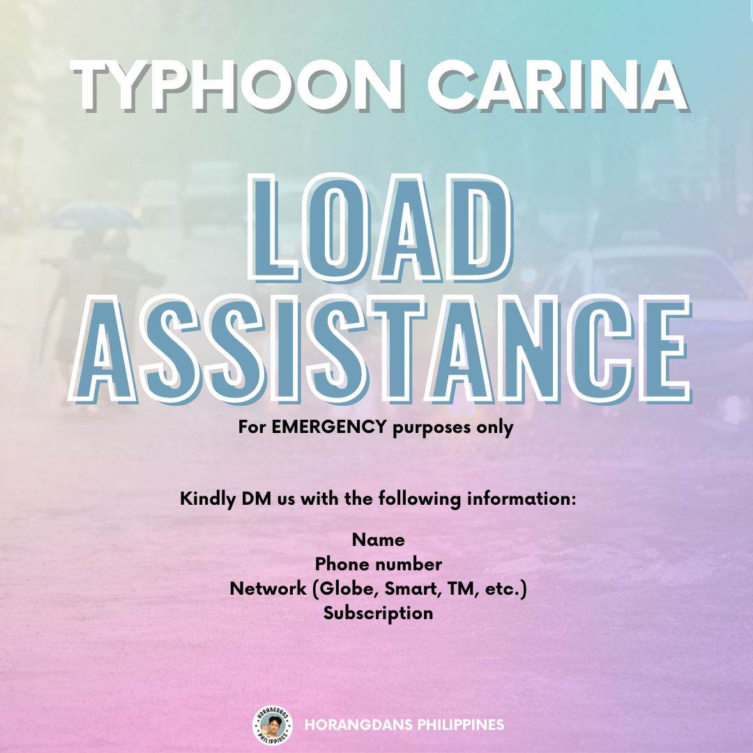 FREE Load Assistance

We are also offering free load assistance to those who are in need. Please note that this is for emergency purposes only.

To request assistance, please DM us with the following information:

Name
Phone number
Network (Globe, Smart, TM, etc.)
Subscription
We