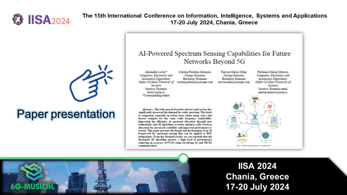 6G MUSICAL (@6gmusical) on Twitter photo #Paper presentation at the IISA Conference in Crete 🌟 showcased our innovative work in #AI-driven spectrum management
This #research is pivotal for the <a href="/6gMusical/">6G MUSICAL</a> and @iSEE6G projects, contributing to advancing 6G #ISAC solution
<a href="/EU_Commission/">European Commission</a> <a href="/6G_SNS_IA/">6G Smart Networks & Services Industry Association</a> <a href="/PFournoger60880/">Pavlos Fournogerakis</a> #Paper presentation at the IISA Conference in Crete 🌟 showcased our innovative work in #AI-driven spectrum management
This #research is pivotal for the <a href="/6gMusical/">6G MUSICAL</a> and @iSEE6G projects, contributing to advancing 6G #ISAC solution
<a href="/EU_Commission/">European Commission</a> <a href="/6G_SNS_IA/">6G Smart Networks & Services Industry Association</a> <a href="/PFournoger60880/">Pavlos Fournogerakis</a>