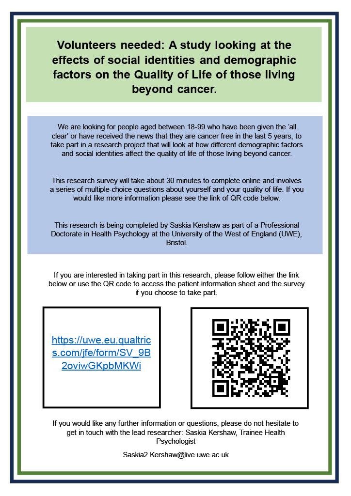 A doctoral researcher <a href="/UWEBristol/">UWE Bristol</a> is looking for participants for a study looking at health inequalities and intersectionality on quality of life for people living beyond cancer. See the picture for more information!

<a href="/RE_PBUK/">PennyBrohnEvaluation</a>