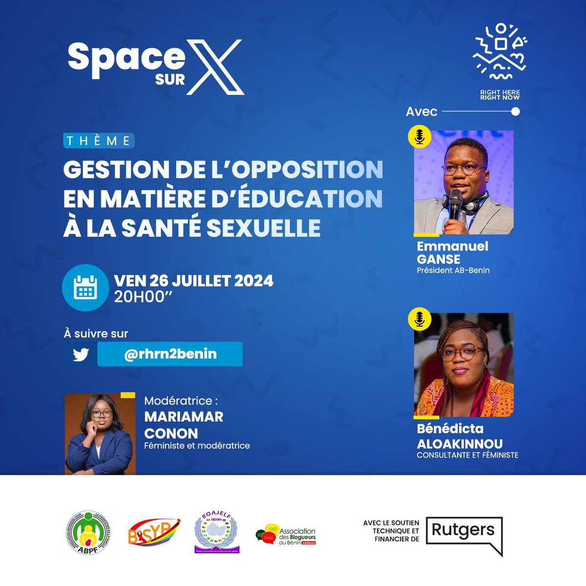Venez découvrir les dessous de l'éducation à la santé sexuelle ce vendredi à 20h00 sur notre Space X.

Notre prochain Space accueillera <a href="/EmmanuelGanse/">Monsieur GANSE🇧🇯</a>, Président de l'<a href="/ab_benin/">Blogueurs du Bénin</a>, et <a href="/AloakinnouB/">Bénédicta Kpenassou M.T ALOAKINNOU</a>, consultante féministe et lead de <a href="/LeadElles/">Lead'ELLES</a>. Ils aborderont le sujet de la gestion de