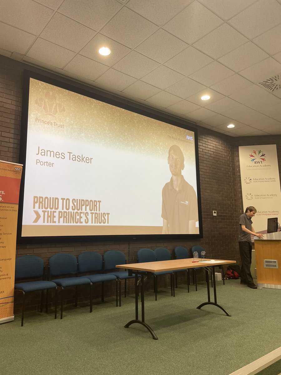 RWT_NHS's tweet photo. Next up we’re hearing from James Tasker, Porter, who left his factory job to become a porter in the NHS through @PrincesTrust and now has a full-time position here at RWT. 

“We are like one big family,” said James. https://t.co/9mRK1hAj9M