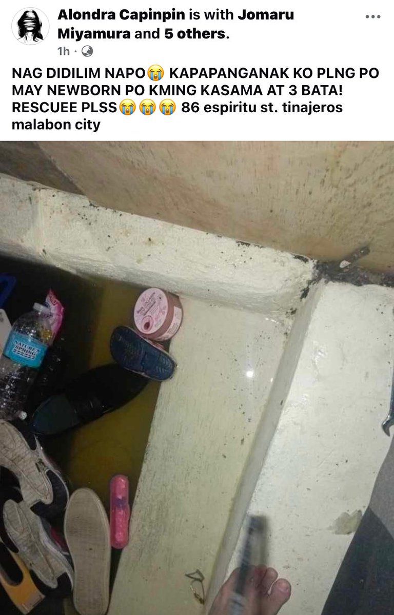 HELLO ! may need po ng help may newborn po sila and may kasama po na 3 bata sa loob, please help rt po!!!

LOCATION: 86 ESPIRITU ST. TINAJEROS, MALABON CITY 

#RescuePH #CarinaPH #RescuePH