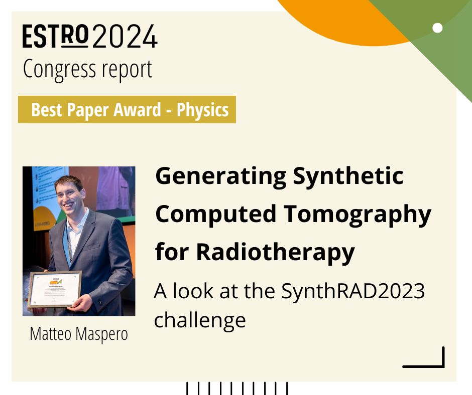 ESTRO_RT's tweet image. 🏆 Presentation of contents of the winner of the Physics Best Paper Award at #ESTRO24: results of the SynthRAD2023 Grand Challenge, which developed fully automated synthetic computed #tomography algorithms.
👉 bit.ly/3yfGdGT
#medphys #medicalphysics @MatteoMasperoNL