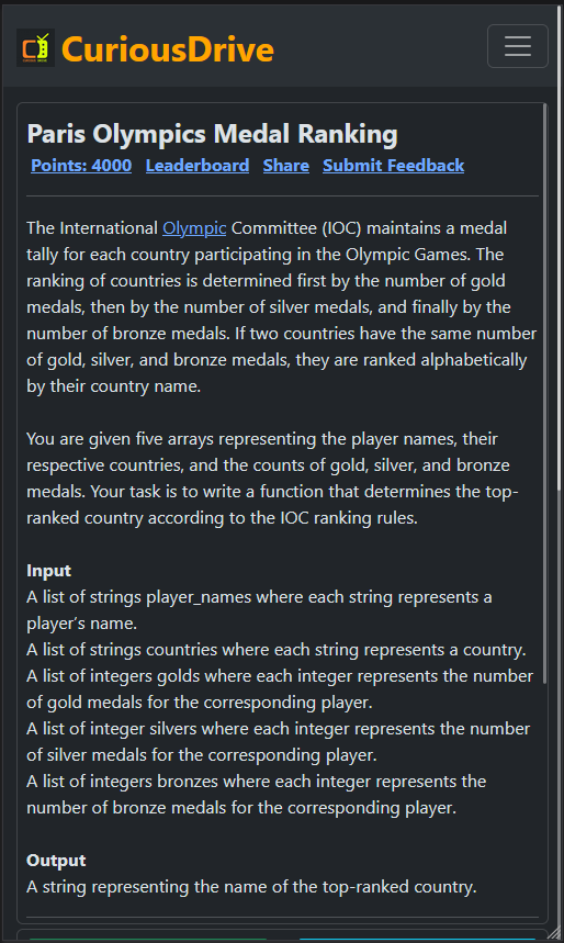 curious_drive's tweet photo. Explore the excitement of the Paris Olympics as you determine the top-ranked country based on their medal counts.

https://t.co/BCOUxpdI8M

#Olympics2024 @Olympics #coding #programmer #challenge https://t.co/QLYnOrN7vD