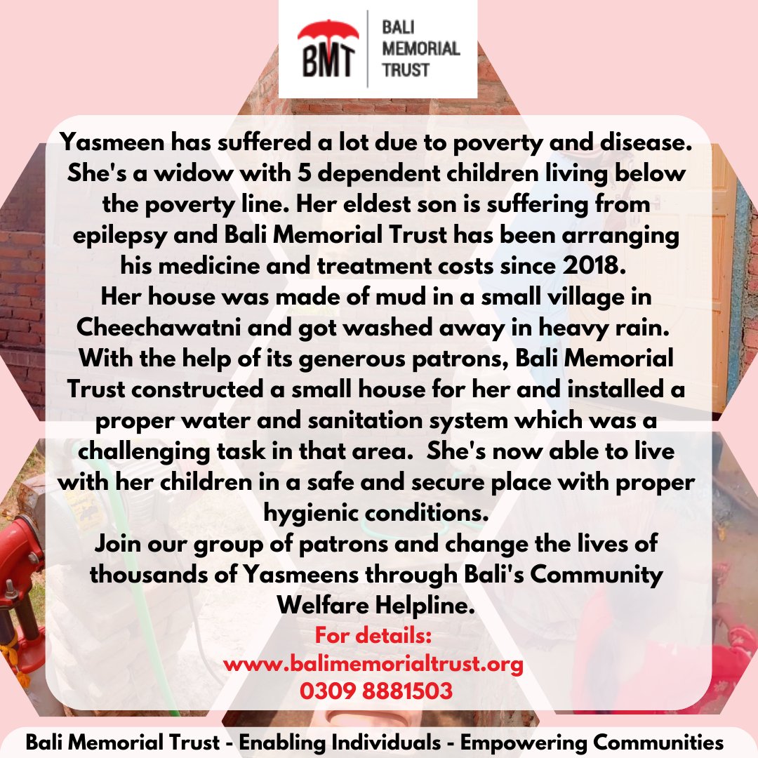 Yasmeen has suffered a lot due to poverty and disease, however, with the help of BMT, she's now able to live with her children in a safe and secure place .
Yasmeen's story is just one example of the impact that organizations like BMT can have on the lives of people in need.