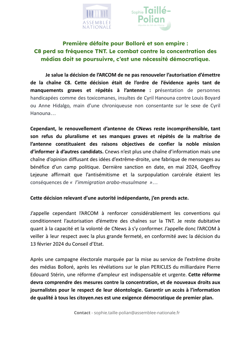 STaillePolian's tweet photo. 🔴 Première défaite pour Vincent Bolloré et son empire. 

Le combat contre la concentration des médias doit se poursuivre, c'est une nécessité démocratique. 

👇 https://t.co/2AhNb06m6I