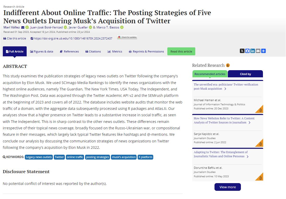 CUVICOM | Research project 📑 (@cuvicom) on Twitter photo 📣New Publication #CUVICOM
‘Indifferent To Online Traffic: The Publishing Strategies Of Five News Outlets During Musk's Twitter Acquisition’ by <a href="/mvallez/">Mari Vallez</a>, @jjjbotev, <a href="/jguallar/">Javier Guallar</a> and <a href="/toledobastos/">Marco T Bastos</a>
🔗<a href="/journstudies/">Journalism Studies</a>: doi-org.sire.ub.edu/10.1080/146167… 📣New Publication #CUVICOM
‘Indifferent To Online Traffic: The Publishing Strategies Of Five News Outlets During Musk's Twitter Acquisition’ by <a href="/mvallez/">Mari Vallez</a>, @jjjbotev, <a href="/jguallar/">Javier Guallar</a> and <a href="/toledobastos/">Marco T Bastos</a>
🔗<a href="/journstudies/">Journalism Studies</a>: doi-org.sire.ub.edu/10.1080/146167…