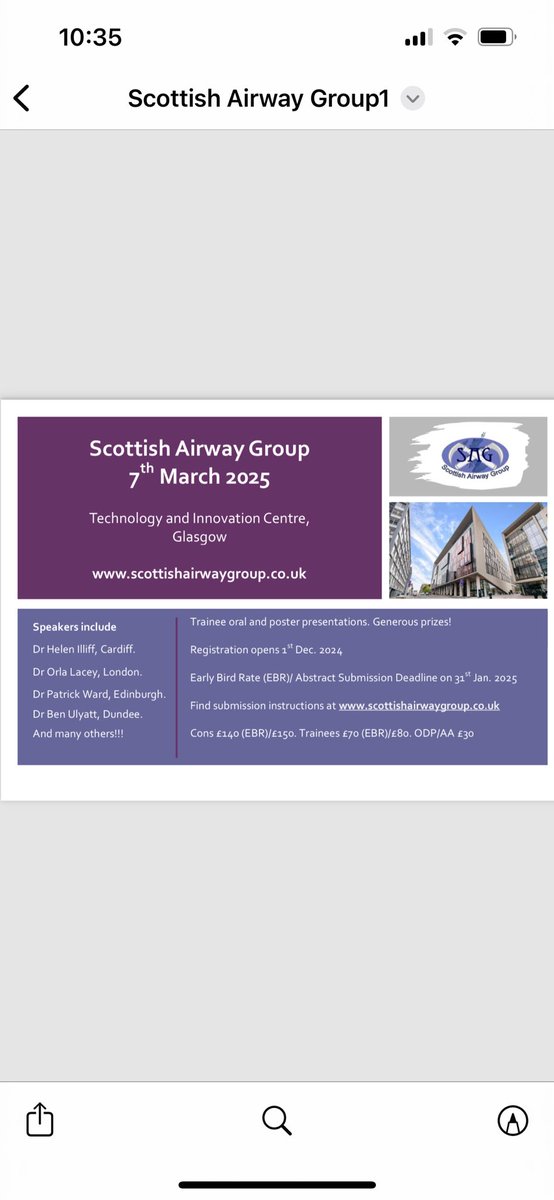 ScotAirwayGroup's tweet photo. #SAG2025
7th March 25
Registration opens 01/12/24
Abstract submission deadline 31/01/25
Looking like a great lineup

Please share. (And get dates in the diary) https://t.co/yU7Rv6mmjM