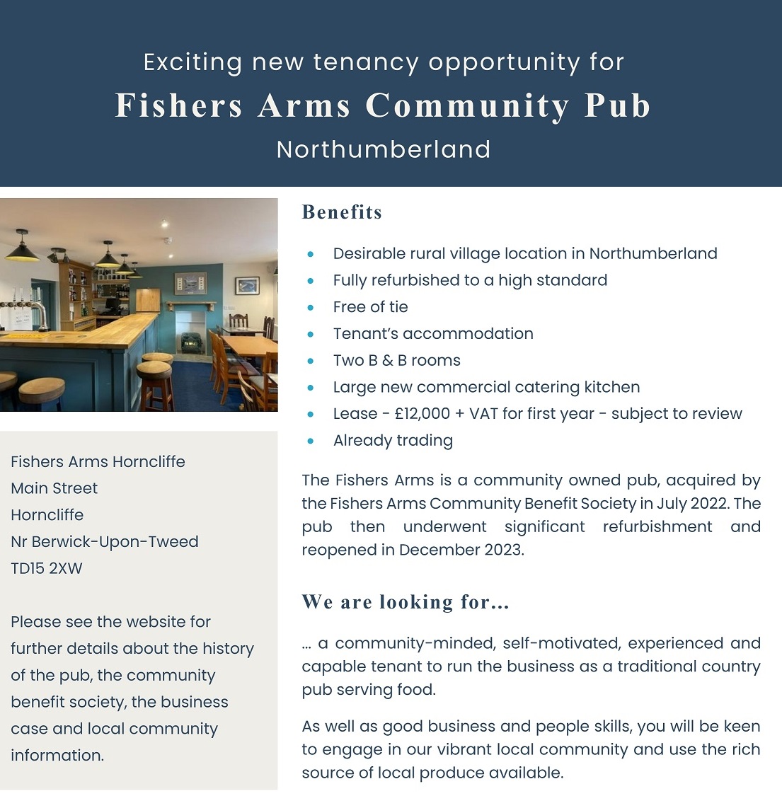 Now looking for new tenants! The Fishers Arms is located in the picturesque village of Horncliffe which is located beside the famous River Tweed. For details: contact@fishersarmshorncliffe.org #FishersarmsHorncliffe #pubtenancy #RunAPub #tenantthispub #pubcareer #findmypub