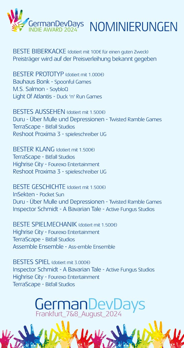 GermanDevDays's tweet image. GDD Indie Award 2024 - Die Nominierungen!

Der Award - dotiert mit 10.000€ - wird am 7. August um 18 Uhr erliehen. Wenn technisch alles klappt, wird es wieder einen Livestream geben. Herzlichen Glückwunsch an alle Nominierten! #GDD2024 #GermanDevDays
germandevdays.com