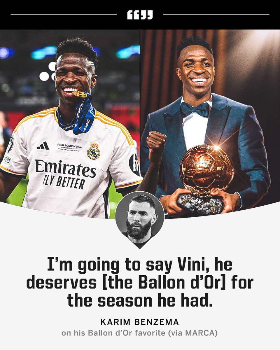 Sk_Akib_Ali's tweet photo. Karim Benzema is backing Vinicius for the Ballon d'Or 🏆
#Karimbenzema #ViniciusJrForBallondor #RealMadrid #football #indiansports #SportsPicks #LaLiga https://t.co/R4pxwo0AYu