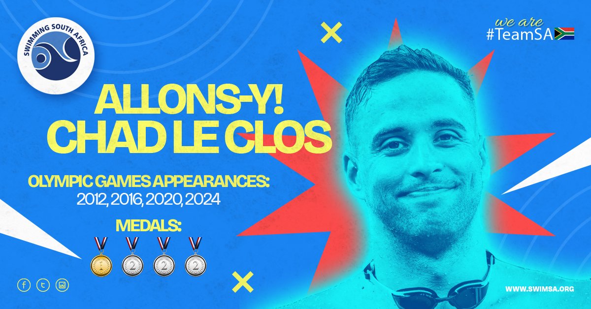 SwimSouthAfrica's tweet photo. With an impressive haul of 4 Olympic medals, including 1 gold🥇 and 3 silver🥈 from three Olympic Games, South African legend @chadleclos is poised to cement his legacy...💚💛 #TeamSA🇿🇦 #Olympics🏊🏊♂️🏊🏾♀️ #Paris2024🏅 #ForMyCountry✊ #Legend🙌 #ChadLeClos😎
https://t.co/zZi7eqeTGF https://t.co/3Zubnl2rLX