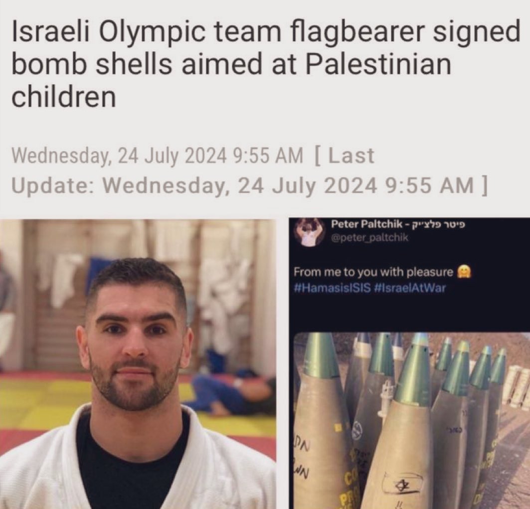 swilkinsonbc's tweet photo. Another reason why the Israelis must be banned from the Olympics: their Olympic flag bearer signed bombs heading to the heads of Gaza children https://t.co/RqJZOC7KC8