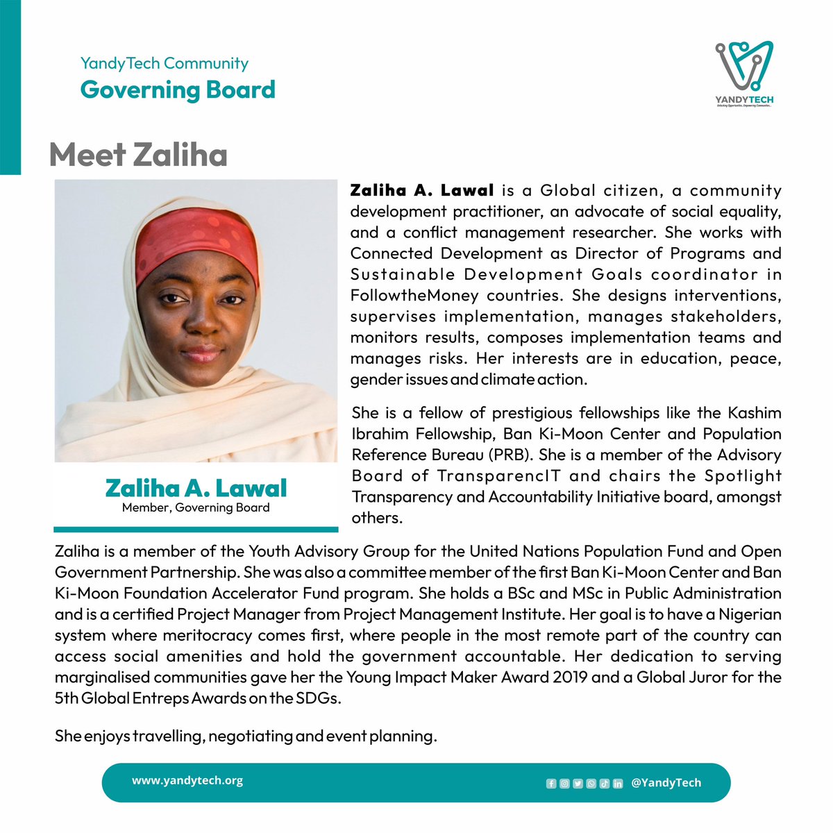 Spotlight on <a href="/xulaeA/">Zulaikha (Zaliha Lawal)</a>, Member <a href="/YandyTech/">YandyTech Community</a> Community Governing Board. 

Learning from her wealthy experience.