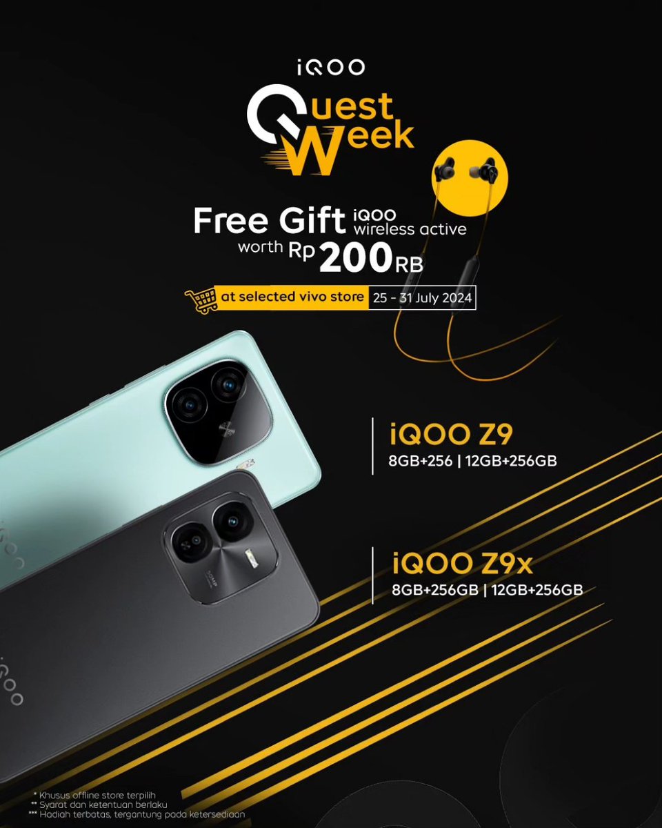 iqoo_id's tweet photo. #QuestWeek datang lagi 🚨
Dapatkan free gift iQOO Wireless Active seharga Rp200.000 buat trOOpers yang melakukan pembelian #iQOOZ9 series di offline vivo store terpilih. Cuss, order sekarang sebelum kehabisan! 🛒
#EmpoweringLife #AmaZin9 https://t.co/em2gehHFiC