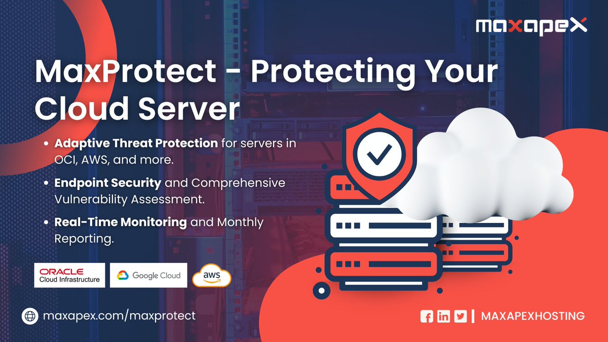 MaxApexHosting's tweet photo. ✨ MaxProtect – Keeping your cloud servers safe with adaptive threat protection, endpoint security, and real-time monitoring.

🌐 https://t.co/2p7ng6Qyee

#OCI #AWS #CloudSecurity #MaxProtect https://t.co/uauEovzaOH