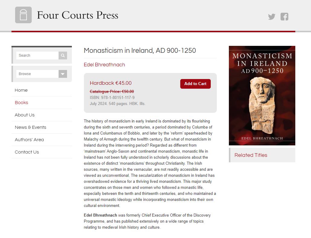 Monasticism in Ireland, AD900-1250 (<a href="/FourCourtsPress/">Four Courts Press</a>) by historian Dr Edel Bhreathnach is a major study focusing on men &amp;  women, who maintained a universal monastic ideology while incorporating  monasticism into their own cultural environment. #monasticism #medievaltwitter #nuns